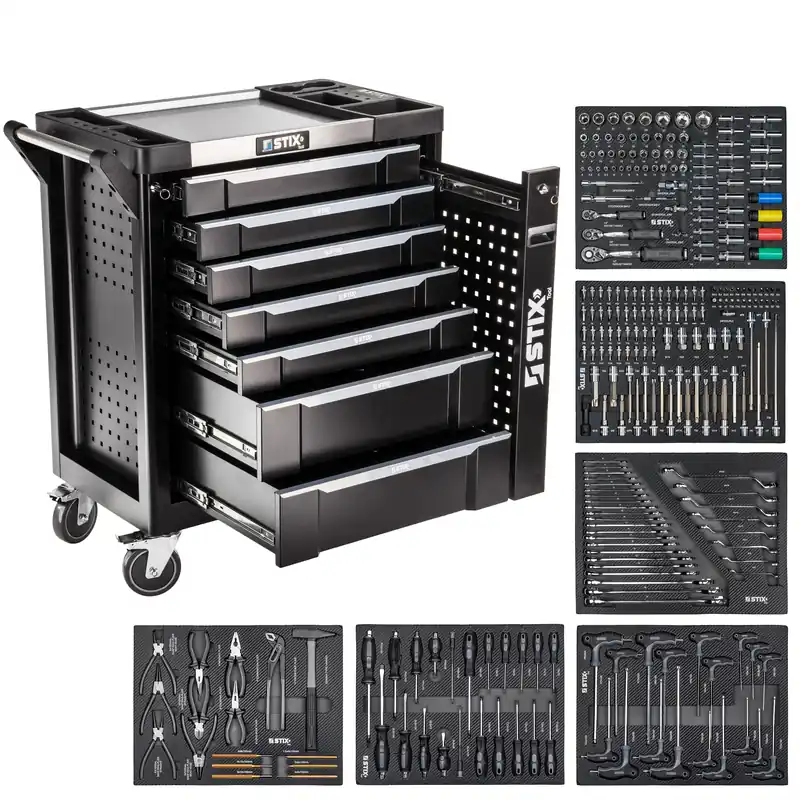 Szafka warsztatowa / wózek narzędziowy 7 szuflad, wysuwany schowek boczny + zestaw narzędzi 267 elementów - UltimatePro B7/TS1 - Stix Wyjątkowa oferta