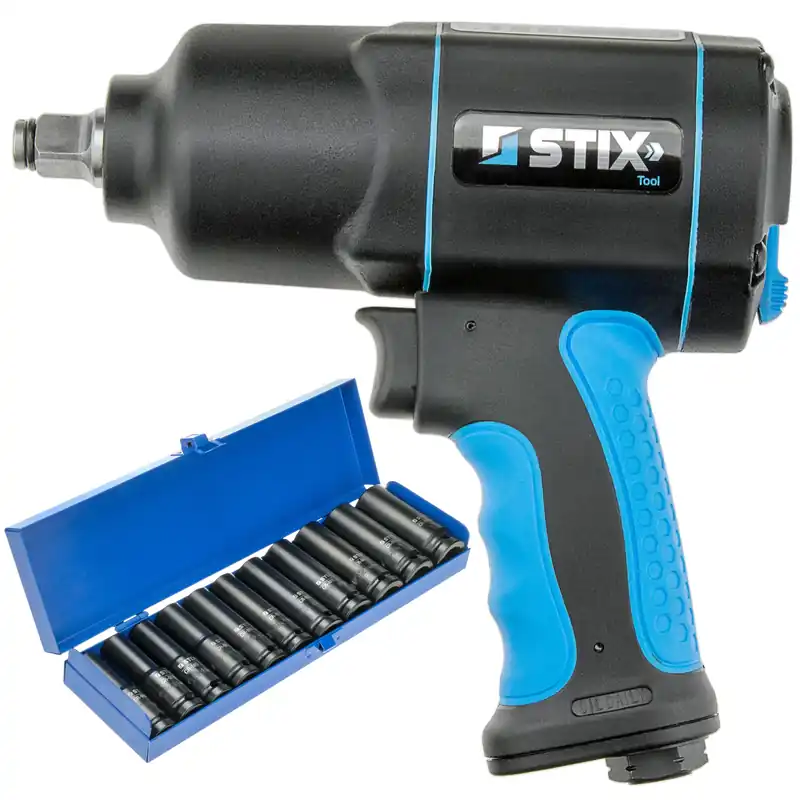 Klucz pneumatyczny udarowy 1900 Nm 1/2" STIX STT-19 kompozytowy + nasadki długie udarowe CR-MO SERIES 7 10–24 mm (zestaw 11 szt.) w kasetce Bestseller