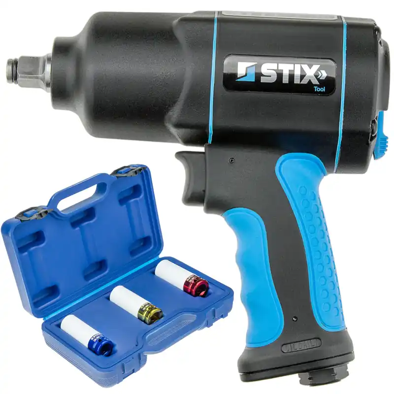 Klucz pneumatyczny udarowy 1900 Nm 1/2" STIX STT-19 kompozytowy + nasadki długie udarowe CR-MO 17/19/21 mm do felg aluminiowych w walizce (zestaw 3 szt.) Ekspresowa dostawa