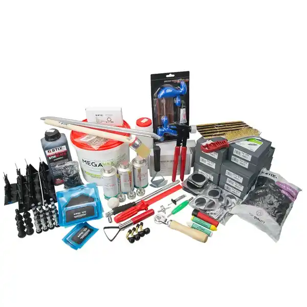 Nie przegap Zestaw startowy dla wulkanizacji, do wymiany i naprawy opon PREMIUM NR3 (ciężarki nabijane, klejone, zawory, łatki, kołki, wkłady i inne) - Stix